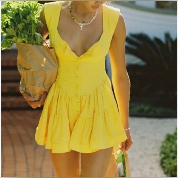 Vanessa Mooney rare yellow Elisabeth mini dress w shorts layer. size S